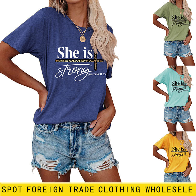 She Is Strong Letter Printed Round Neck Short Sleeved T-shirt