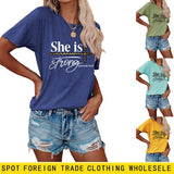 She Is Strong Letter Printed Round Neck Short Sleeved T-shirt