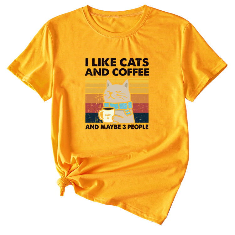 I Like Cats And Coffee Fun Pattern Short Sleeve Woman