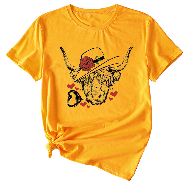 T-shirt à manches courtes et col rond pour femmes, à la mode, motif Rose Bullhead, décontracté