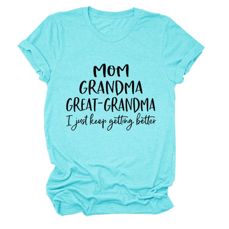 Loose Short Sleeve MOM GRANDMA GREAT Letter Print Crew Neck T-Shirt