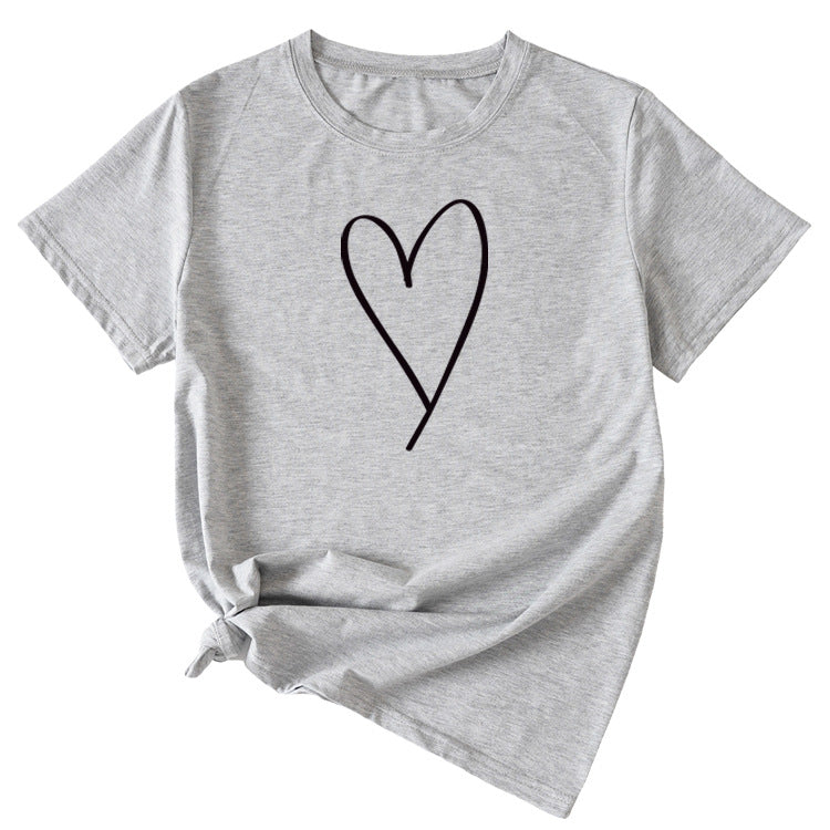 Fashion Womens Blouse Simple Love Pattern Printing Casual Round Neck Short Sleeve.