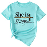 She Is Strong Letter Printed Round Neck Short Sleeved T-shirt