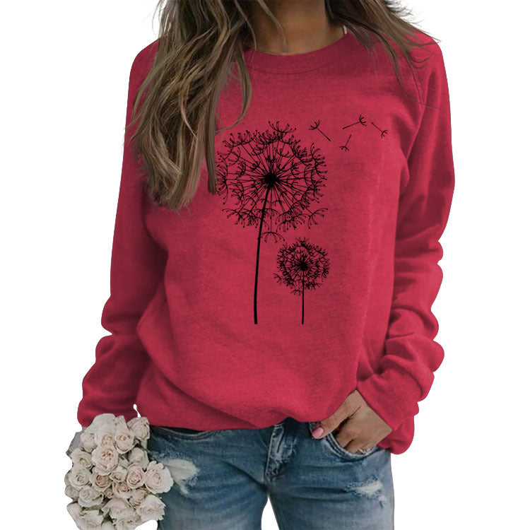 Bedrucktes Löwenzahn-Rundhals-Langarmshirt für Damen, lockerer Pullover