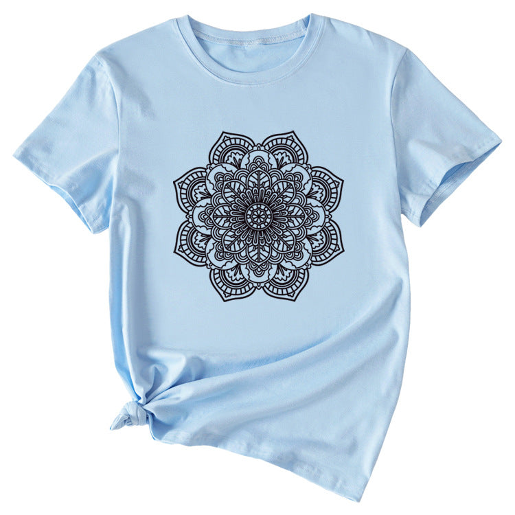 Flower Pattern Printed Casual Loose Round Neck Short Sleeves