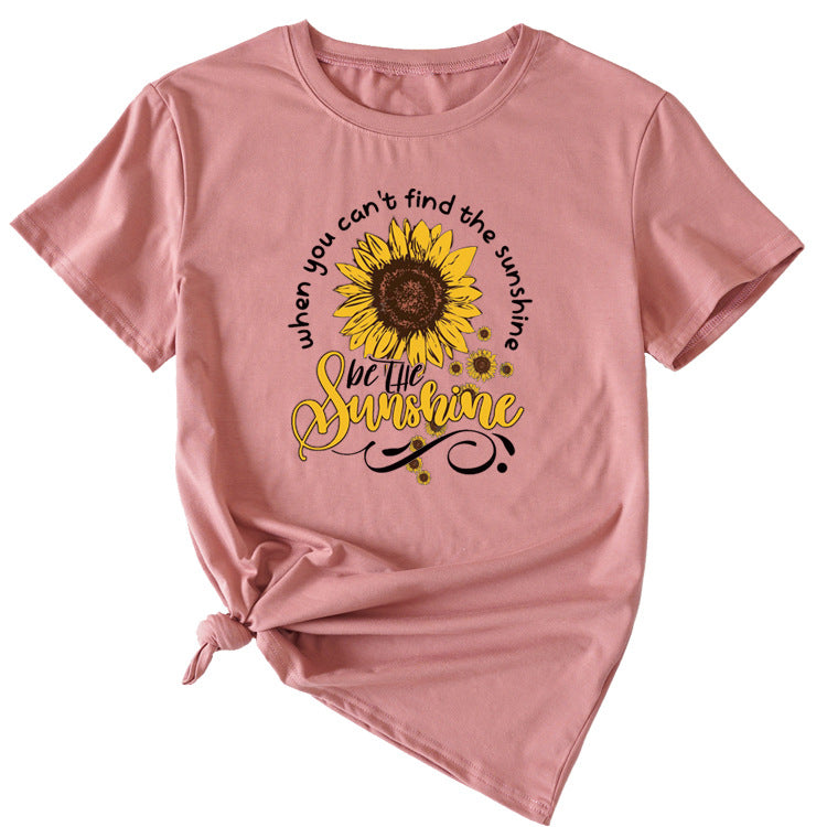 When You Cant Find Letters Sunflower Printed Round Neck Short Sleeve T-shirt