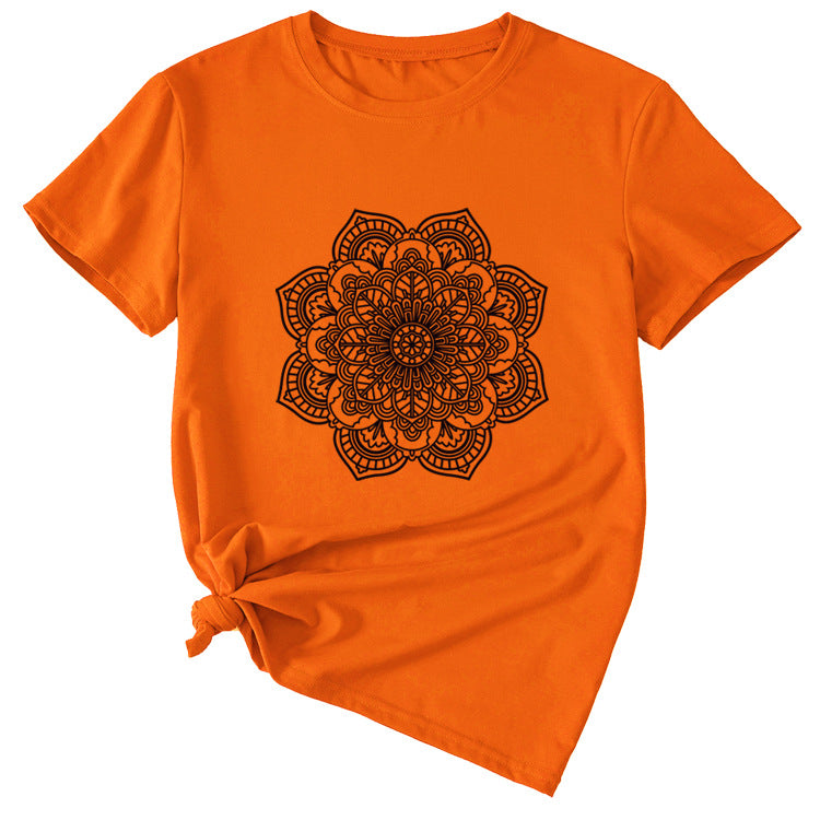 Flower Pattern Printed Casual Loose Round Neck Short Sleeves