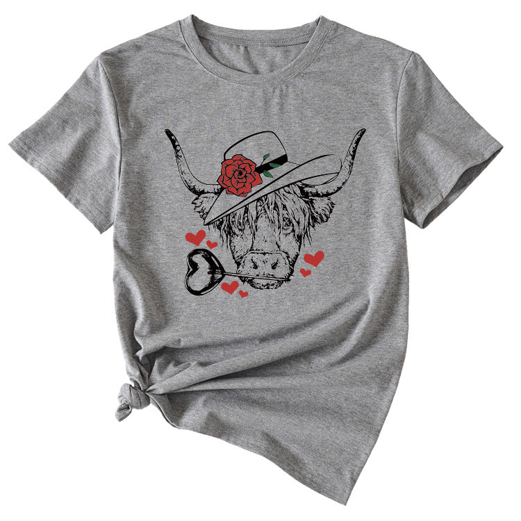 T-shirt à manches courtes et col rond pour femmes, à la mode, motif Rose Bullhead, décontracté