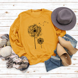 Bedrucktes Löwenzahn-Rundhals-Langarmshirt für Damen, lockerer Pullover