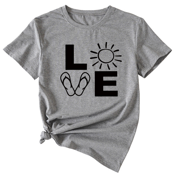 LOVE Fun Pattern Women's Loose Round Neck Short Sleeve Top Shirt