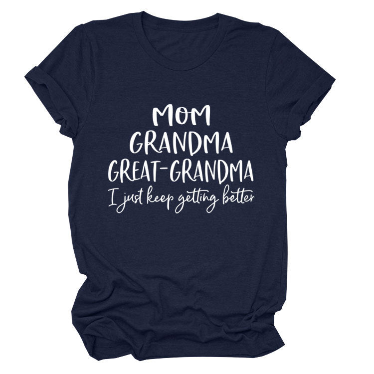Loose Short Sleeve MOM GRANDMA GREAT Letter Print Crew Neck T-Shirt