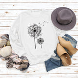 Bedrucktes Löwenzahn-Rundhals-Langarmshirt für Damen, lockerer Pullover