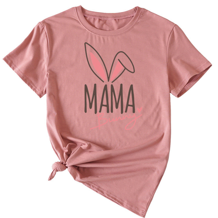 Cute Mama Bunny Pattern Women's Casual Round Neck Short Sleeve T-Shirt