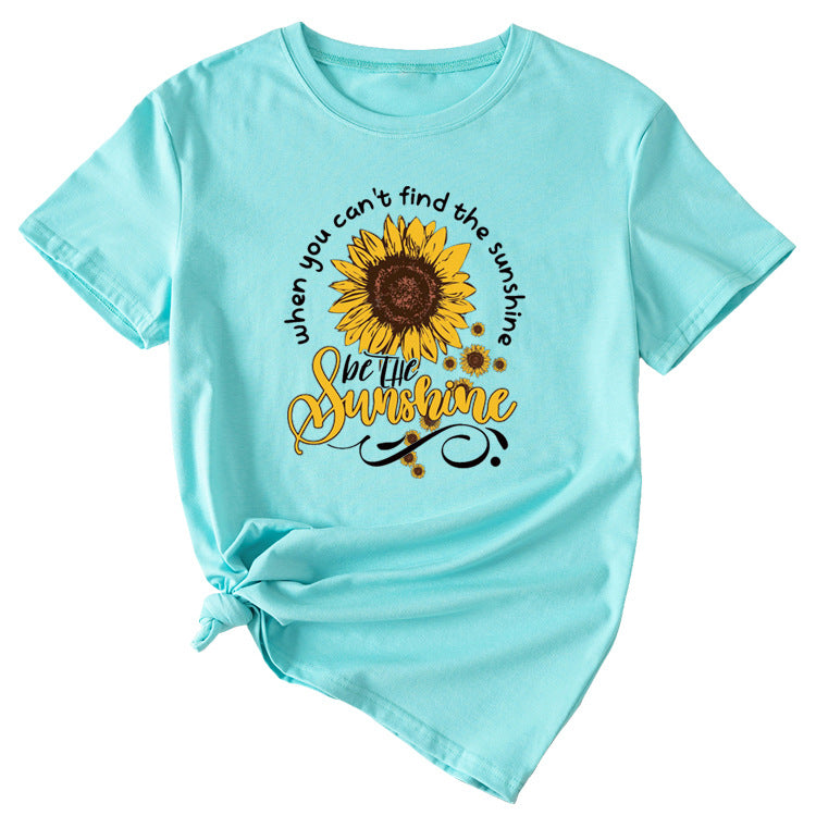 When You Cant Find Letters Sunflower Printed Round Neck Short Sleeve T-shirt