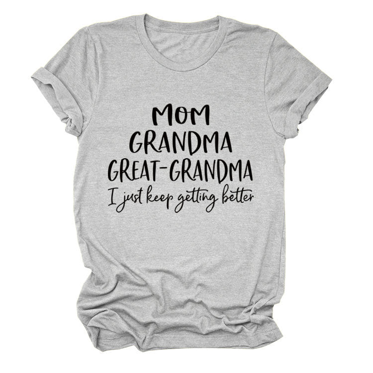 Loose Short Sleeve MOM GRANDMA GREAT Letter Print Crew Neck T-Shirt