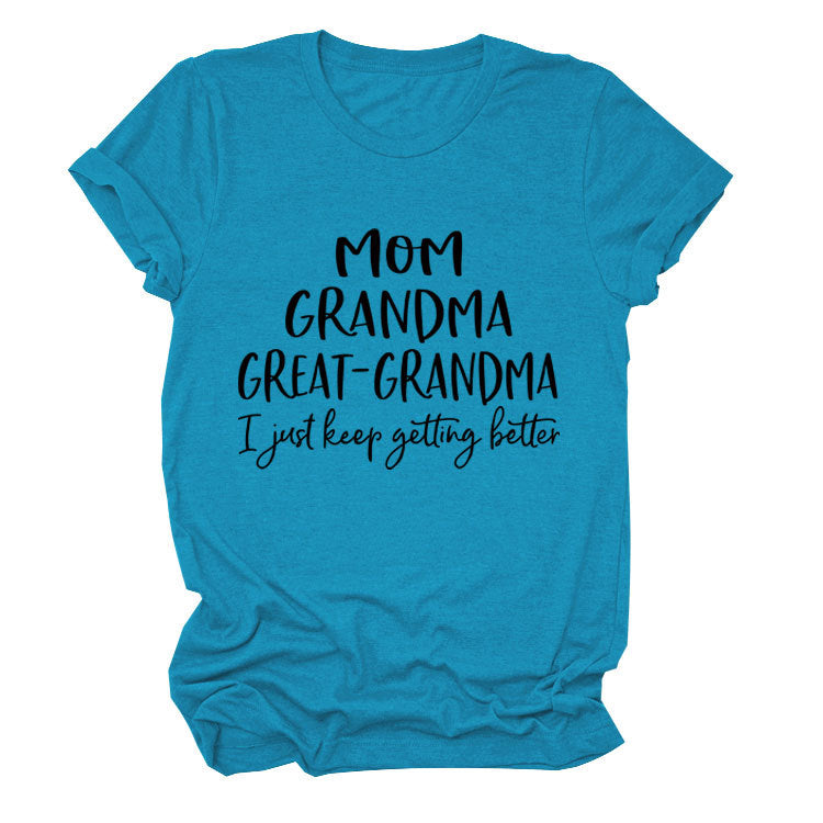 Loose Short Sleeve MOM GRANDMA GREAT Letter Print Crew Neck T-Shirt
