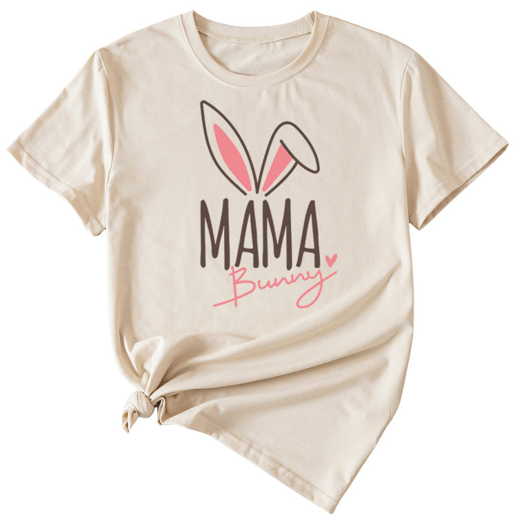 Cute Mama Bunny Pattern Women's Casual Round Neck Short Sleeve T-Shirt