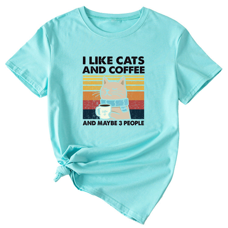 I Like Cats And Coffee Fun Pattern Short Sleeve Woman