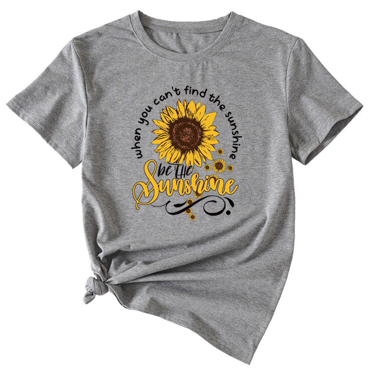 When You Cant Find Letters Sunflower Printed Round Neck Short Sleeve T-shirt