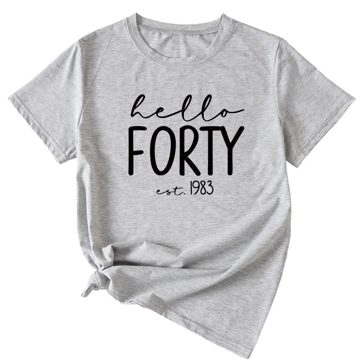 English Letter Hello Forest Est 1983 Round Neck Short Sleeve T-shirt