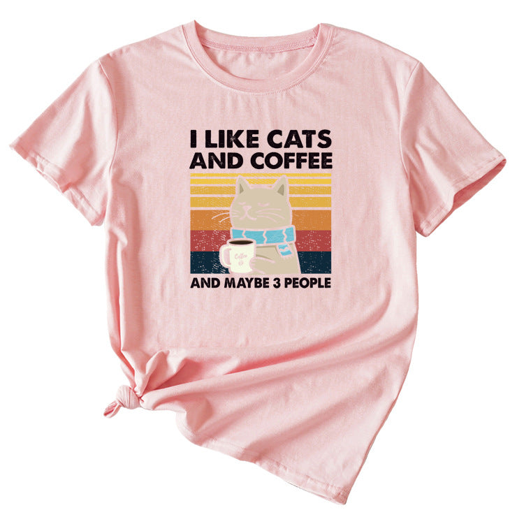 I Like Cats And Coffee Fun Pattern Short Sleeve Woman