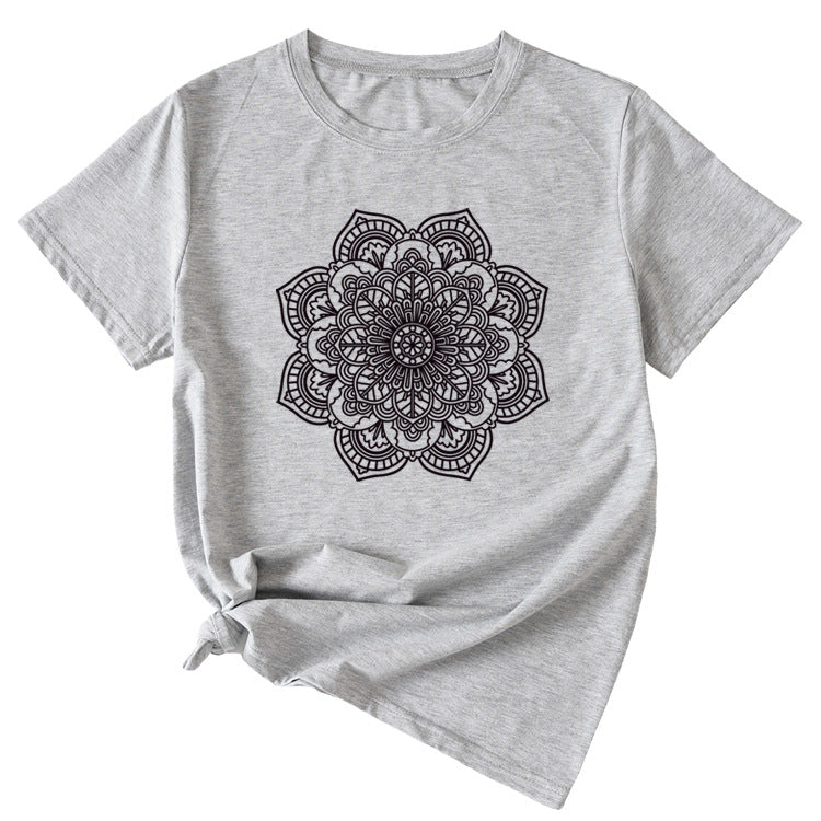 Flower Pattern Printed Casual Loose Round Neck Short Sleeves