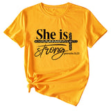 She Is Strong Letter Printed Round Neck Short Sleeved T-shirt