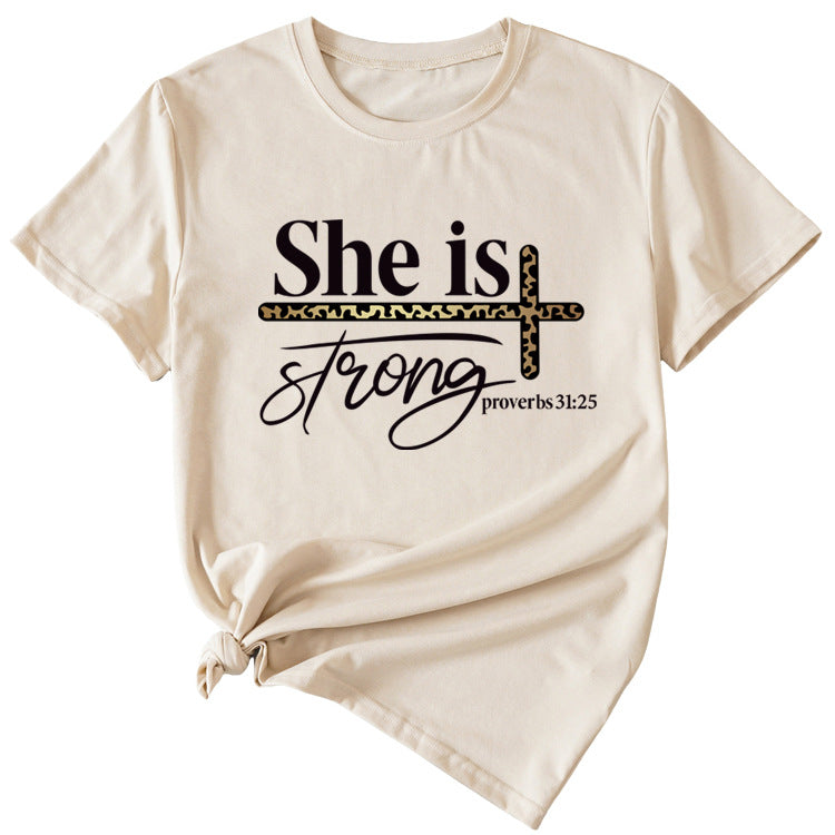 She Is Strong Letter Printed Round Neck Short Sleeved T-shirt