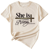 She Is Strong Letter Printed Round Neck Short Sleeved T-shirt