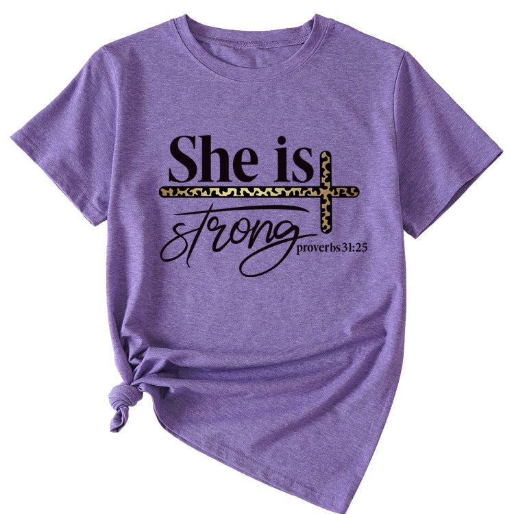 She Is Strong Letter Printed Round Neck Short Sleeved T-shirt