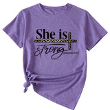 She Is Strong Letter Printed Round Neck Short Sleeved T-shirt