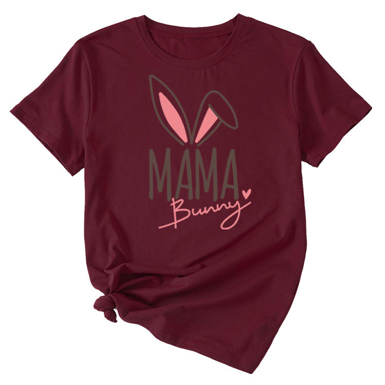 Cute Mama Bunny Pattern Women's Casual Round Neck Short Sleeve T-Shirt