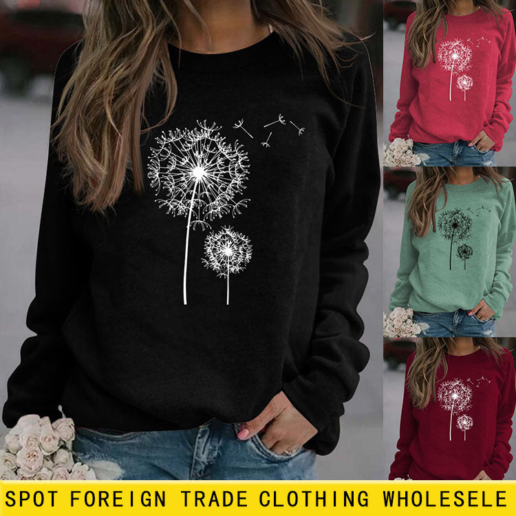 Printed Dandelion Round Neck Ladies Long-sleeved Shirt Loose Sweater