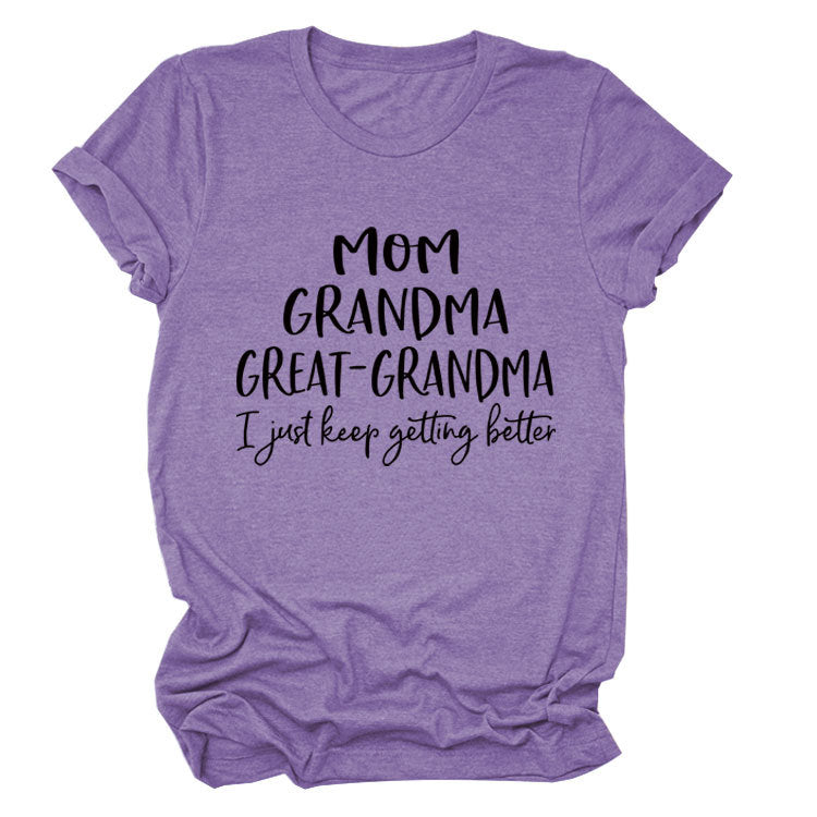 Loose Short Sleeve MOM GRANDMA GREAT Letter Print Crew Neck T-Shirt