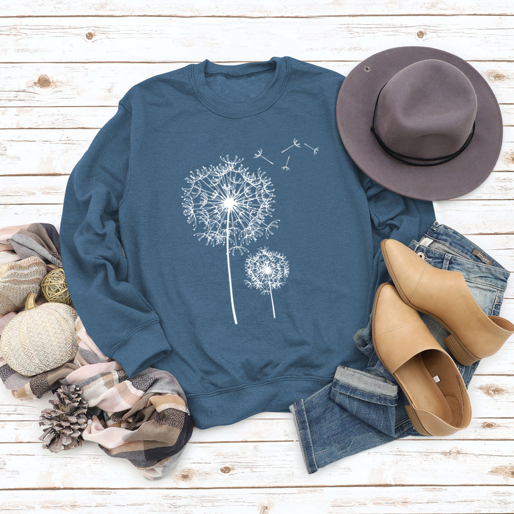 Bedrucktes Löwenzahn-Rundhals-Langarmshirt für Damen, lockerer Pullover