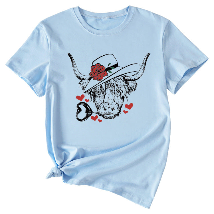 T-shirt à manches courtes et col rond pour femmes, à la mode, motif Rose Bullhead, décontracté