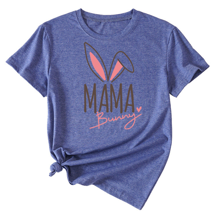 Cute Mama Bunny Pattern Women's Casual Round Neck Short Sleeve T-Shirt