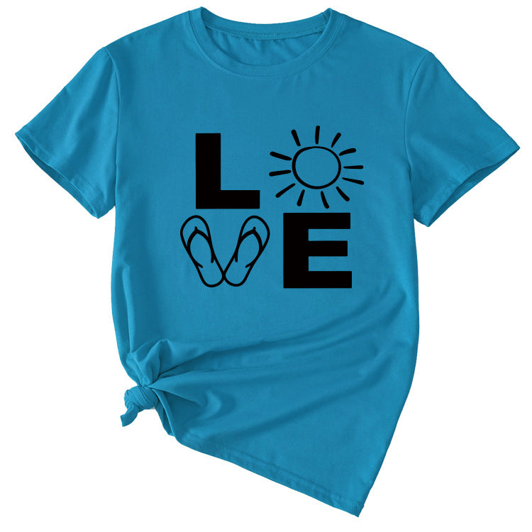 LOVE Fun Pattern Women's Loose Round Neck Short Sleeve Top Shirt