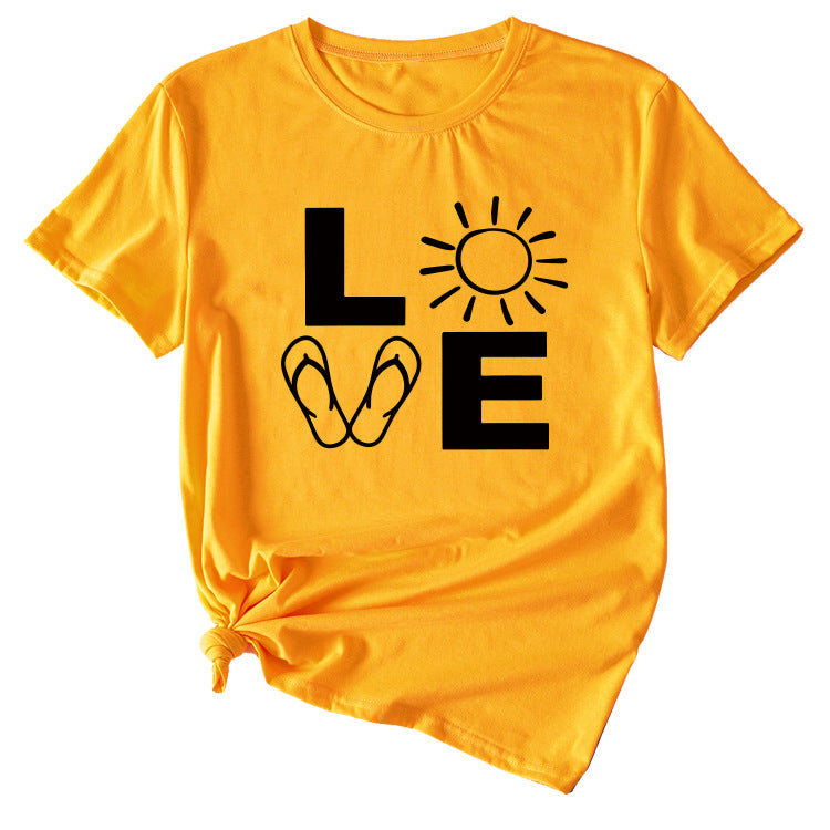 LOVE Fun Pattern Women's Loose Round Neck Short Sleeve Top Shirt