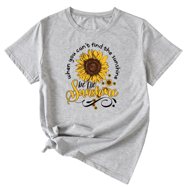 When You Cant Find Letters Sunflower Printed Round Neck Short Sleeve T-shirt