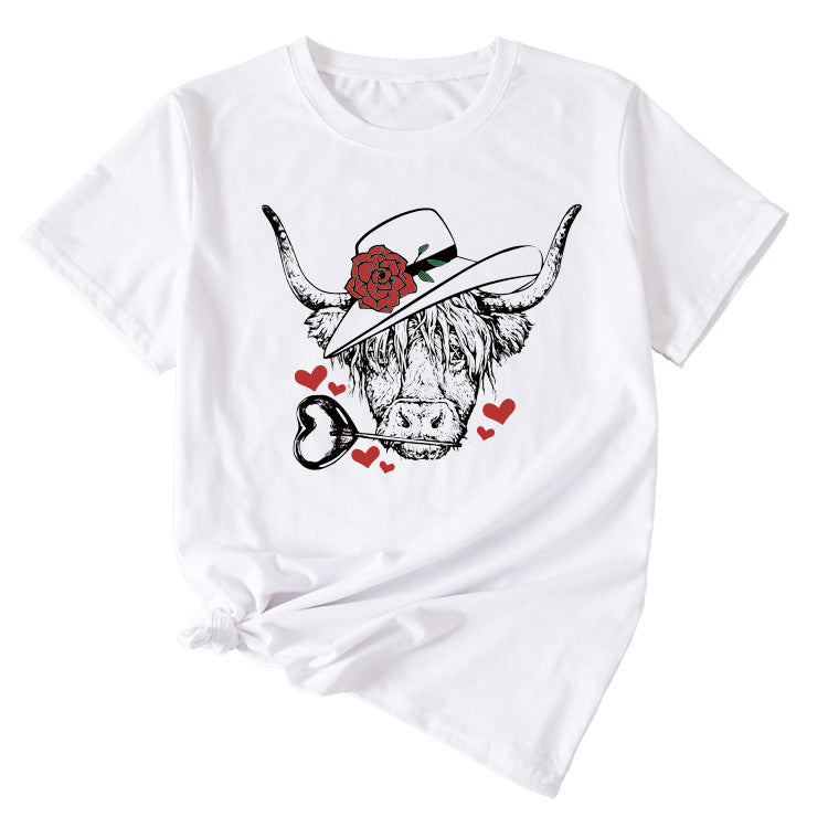 T-shirt à manches courtes et col rond pour femmes, à la mode, motif Rose Bullhead, décontracté