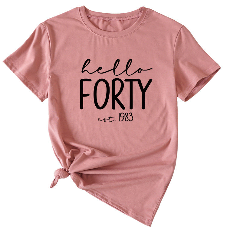 English Letter Hello Forest Est 1983 Round Neck Short Sleeve T-shirt