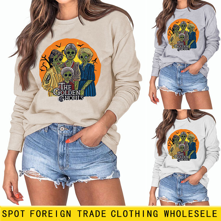 The Golden Ghouls Printed Round Neck Loose Bottoming Long Sleeve Sweater Girl