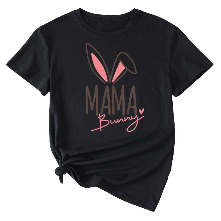 Cute Mama Bunny Pattern Women's Casual Round Neck Short Sleeve T-Shirt