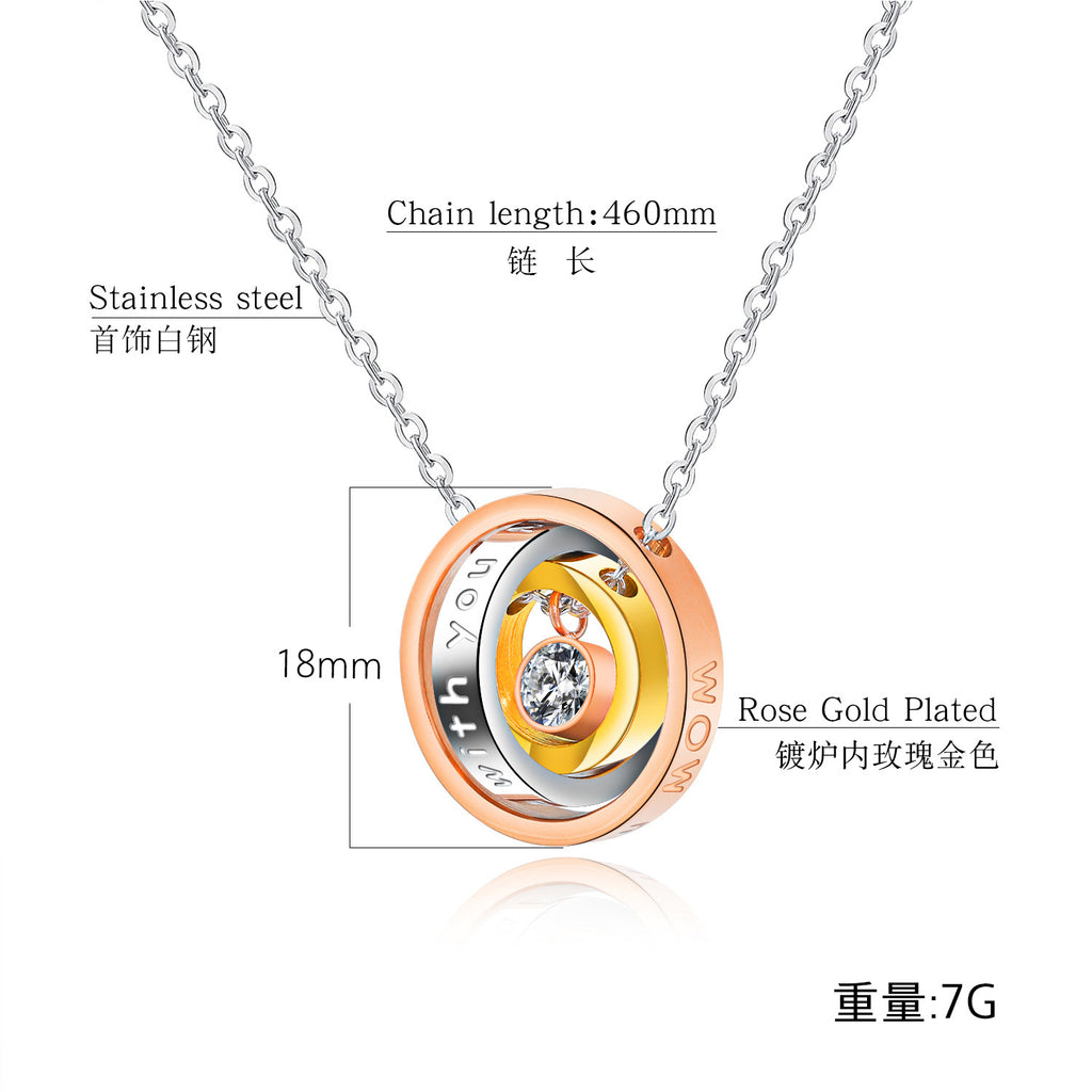 NEHZUS Pendentif à fermoir à trois anneaux tricolore à la mode et simple pour hommes et femmes en acier au titane avec collier de couple personnalisé en diamant