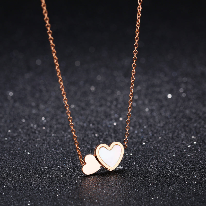 Collier de mode Double coeur d'amour en acier inoxydable plaqué or Rose collier de clavicule pour les femmes