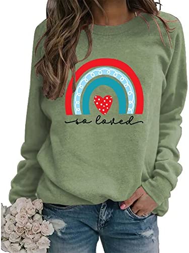 Valentines Rainbow Love Sweatshirt Women Love Heart Tee Tops