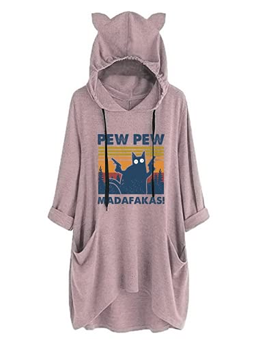 Women Pew-Pew Madafakas Hoodies Funny Pew-Pew Cat Shirt with Cat Ears and Pockets