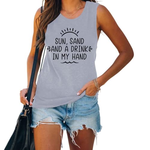 Women Sun Sand and A Drink in My Hand Tank Top Cute Graphic Shirt