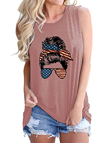 Messy Bun Femmes avec des Lunettes de Soleil Américaines Chemise Femme Mignonne Messy Bun Lunettes Débardeurs